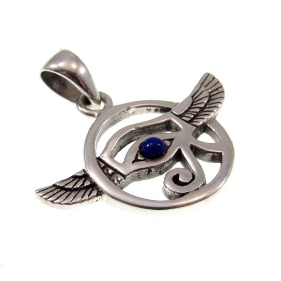 Solid 925 Sterling Silver Eye of Horus Falcon Wings Pendant With Lapis Lazuli - Picture 3 of 5